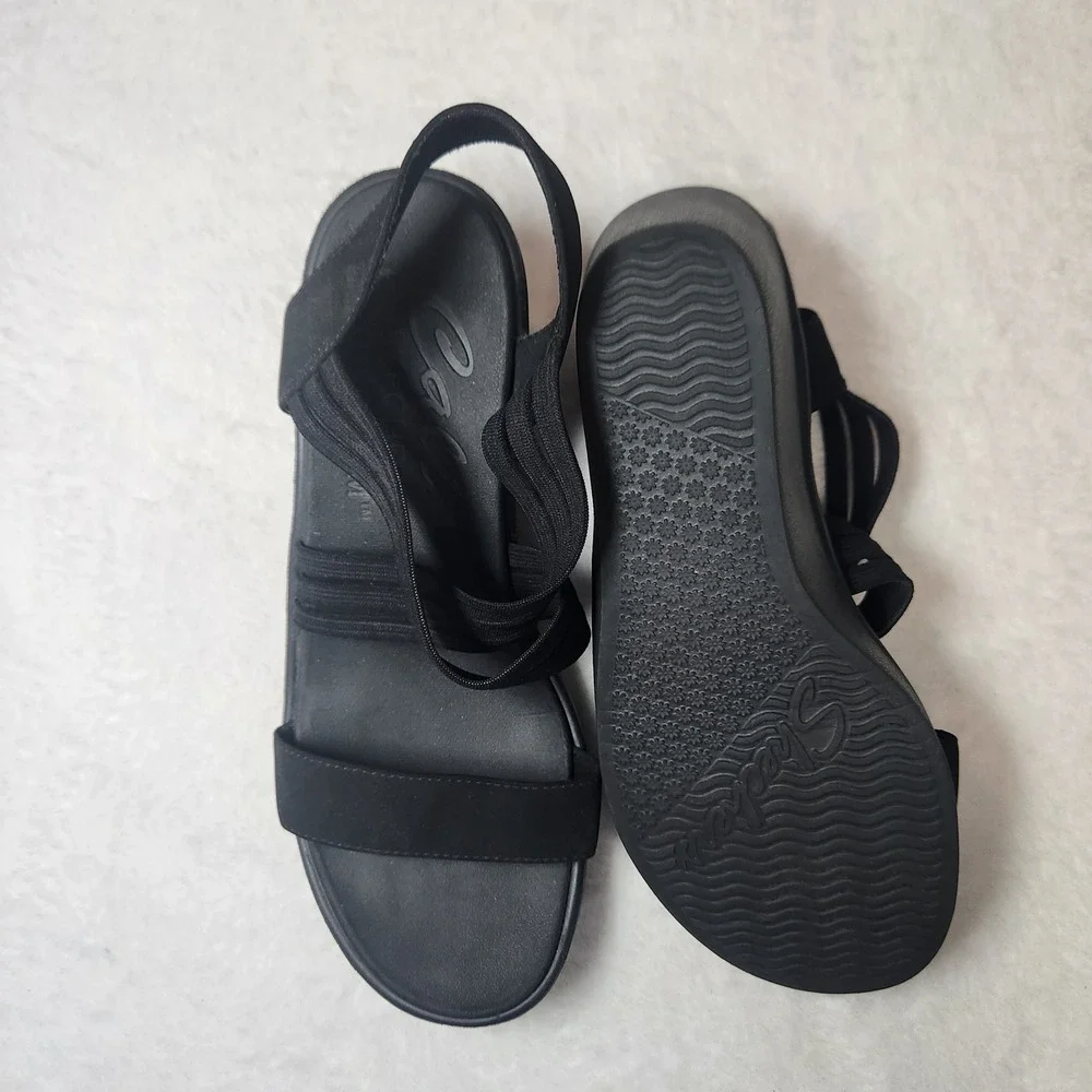 Skechers Cali Rumblers Black Strappy Wedge Sandals Luxe Foam Women 8 Resort